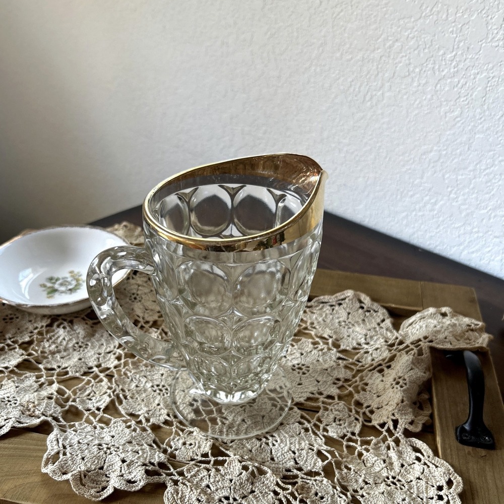 Vintage‎ Jeanette Thumbprint Glass Pitcher Gold Rim Pressed Glass Footed